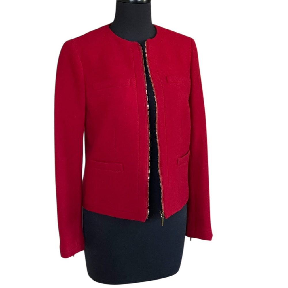 Lauren Ralph Lauren Red Wool Blend Women's Blazer Sz 4 Zipper Jacket Collarless - Picture 7 of 13